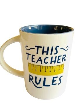 PARKER LANE THIS TEACHER RULES MUG WHITE BLUE COFFEE TEA GIFT